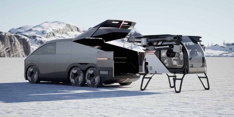 This image shows the Xpeng AeroHT Land Aircraft Carrier in action, with the vehicle's rear hatch open to deploy its integrated eVTOL drone. The angular design of the car, similar to Tesla's Cybertruck, is evident, reflecting its rugged, futuristic aesthetic. The detachable eVTOL unit, positioned alongside the car, illustrates the unique hybrid concept of a car that supports a deployable flying drone, allowing a seamless transition from road travel to air travel. This modular approach underlines the company's innovative vision for achieving versatile mobility solutions while navigating the regulatory complexities of full-fledged flying cars